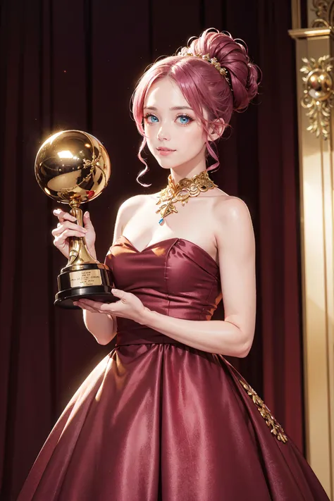 ((best quality, masterpiece, absurbres, super-resolution)),Maroon, stage, actress, golden ballgown, up do, pink hair, winning an award, trophy