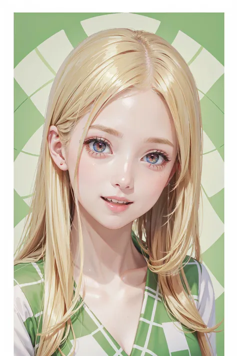 ((best quality, masterpiece, absurbres, super-resolution)) 1girl, Portrait, blonde hair, (Green and white checker pattern), Bright red eyes, fashion editorial photography, big smile, open mouth