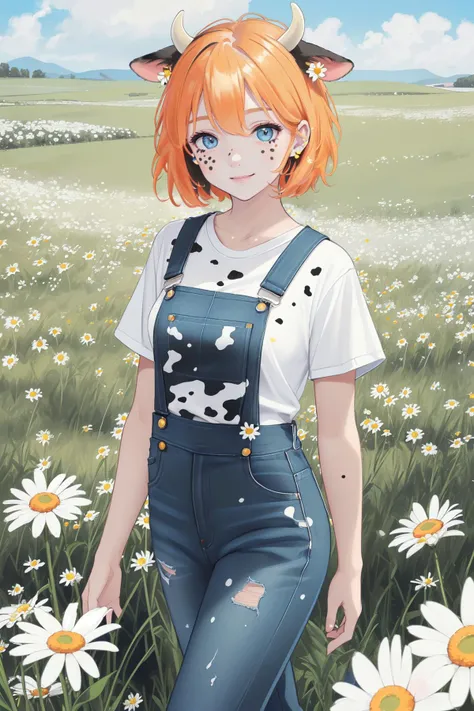 ((best quality, masterpiece, absurdres, super-resolution)),
1girl,((cow ears)),orange hair,short hair,cute outfit,blue eyes,(((black vitiligo))),white skin,(((black spots on the body))),denim overalls,(white t-shirt:1.4),in the meadow,walks through a field of daisies,field of daisies,smile,kawaii,flowers,