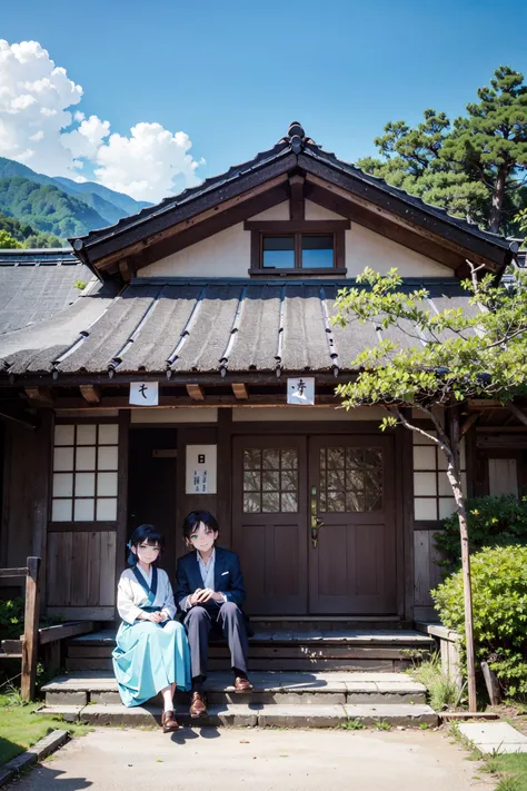 ((best quality, masterpiece, absurdres, super-resolution)) Midnight blue and cyan color, Star in eyes, Sitting with back hunched, Formal Portrait, cowboy shot, , Step into the historic village of Shirakawa-go in Gifu, known for its traditional thatched-roof farmhouses (gassho-zukuri) that create a unique and charming landscape