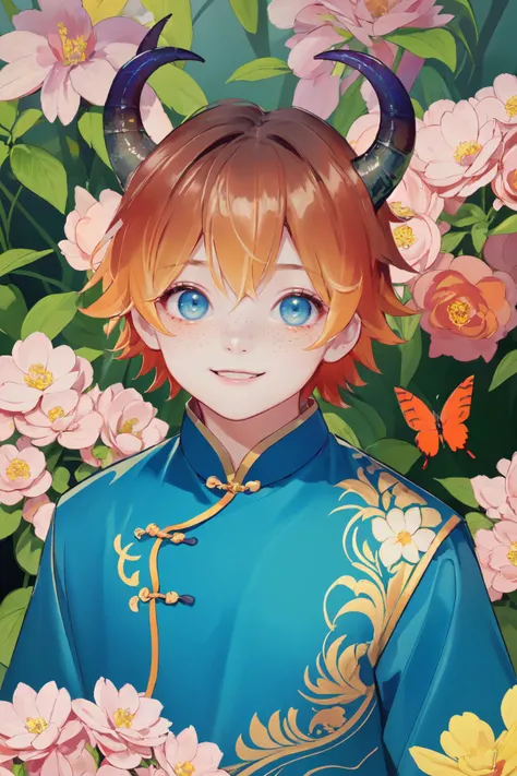 ((best quality, masterpiece, absurdres, super-resolution)),
(1boy:1.1),gradient hair,brown hair and orange hair,blue eyes,freckles,little dragon chinese horns,chinese clothes,kawaii,outdoor,garden,butterflies,flowers,(intricate details:0.9),smile,