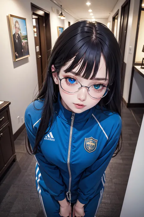 ((best quality, masterpiece, absurdres, super-resolution)) Dijon and blue color, Megane, 0:15::Nudging, from above, portrait, tracksuit, indoors, mall