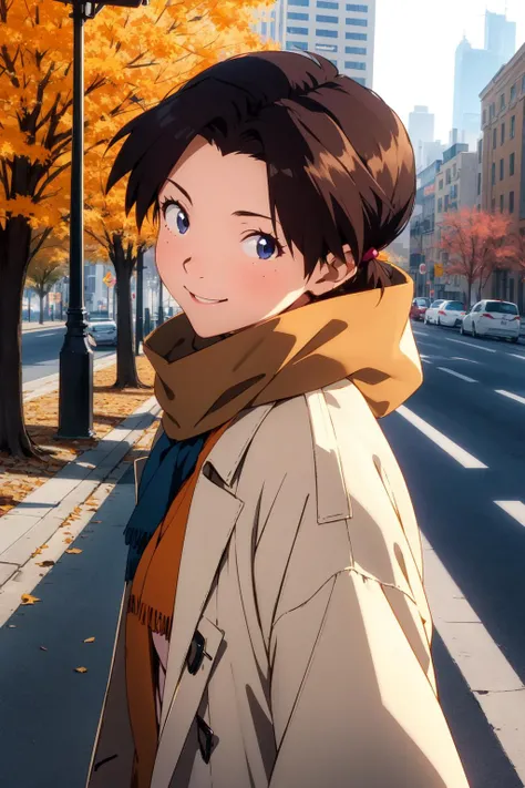 (RAW photo, best quality), 1girl, natural lighting, solo, light smile, outdoor,
<lora:eva_horaki_hikari_v1_2:0.8>, horaki hikari, autumn, scarf, trench coat, windy, city streets,