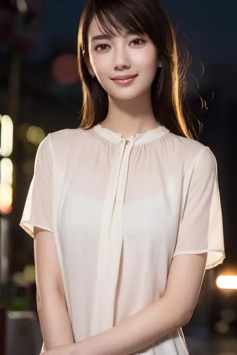 1girl,(wearing a light red blouse:1.2),(RAW photo, best quality), (realistic, photo-realistic:1.4), masterpiece, an extremely delicate and beautiful, extremely detailed, 2k wallpaper, Amazing, finely detail, extremely detailed CG unity 8k wallpaper, ultra-detailed, highres, soft light, beautiful detailed girl, extremely detailed eyes and face, beautiful detailed nose, beautiful detailed eyes,cinematic lighting,city lights at night,perfect anatomy,slender body,smiling  <lora:haru_lora:0.7>
