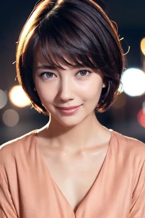 1girl,(wearing a light red blouse:1.2),(RAW photo, best quality), (realistic, photo-realistic:1.4), masterpiece, an extremely delicate and beautiful, extremely detailed, 2k wallpaper, Amazing, finely detail, extremely detailed CG unity 8k wallpaper, ultra-detailed, highres, soft light, beautiful detailed girl, extremely detailed eyes and face, beautiful detailed nose, beautiful detailed eyes,cinematic lighting,city lights at night,perfect anatomy,slender body,smiling,(very short hair) <lora:haru_lora:0.7>