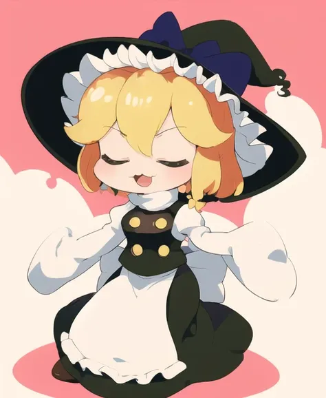 (masterpiece, high quality), 1girl, solo, full body, {{{{{{{{{{chibi}}}}}}}}}}, kirisame marisa, witch hat, hat bow, long skirt, black vest, white sleeves, sleeves past fingers, blonde hair, short hair, smile, closed eyes, :3, yuh, <lora:yuh03:0.9:INS,MIDD>