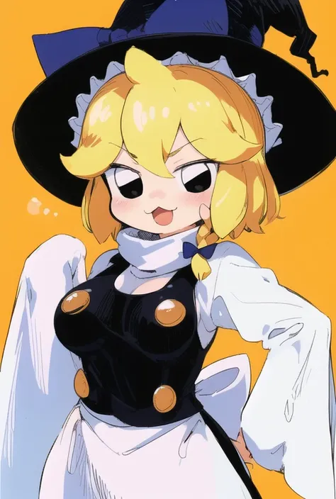 (masterpiece, high quality, official art),1girl, solo, cowboy shot, kirisame marisa, witch hat, hat bow, black vest, white sleeves, sleeves past fingers, long skirt, apron, blonde hair, short hair, black eyes, :3, yuh, <lora:yuh03:0.85:INS,MIDD>