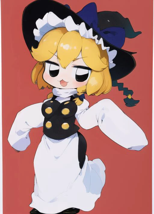 (masterpiece, high quality), 1girl, solo, full body, {{{{{chibi}}}}}, kirisame marisa, witch hat, hat bow, long skirt, black vest, white sleeves, sleeves past fingers, blonde hair, short hair, black eyes, :3, looking at viewer, yuh, <lora:yuh03:0.9:INS,MIDD>