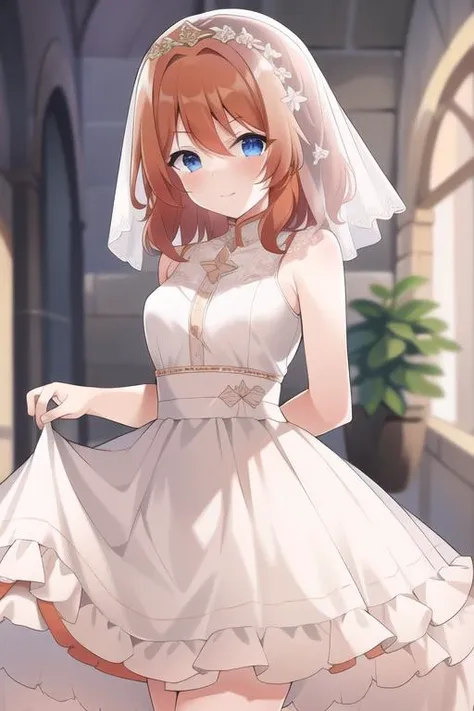 masterpiece, highres, high resolution, best quality, high quality,

muimi, orange hair, (messy hair), light smile, v-shaped eyebrows, short hair,
withLora(Muimi,0.85),

wedding dress, sfw, long dress, white dress, veil, arms behind back
withLora(WeddingDressEXv0.4,0.45)

sfw, 1girl, solo,  beautiful, cute, beautiful face 