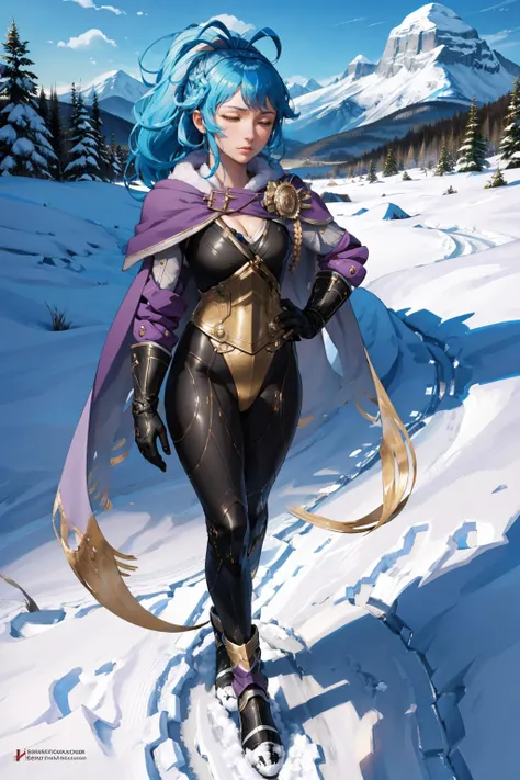 masterpiece, best quality, reginn, yellow eyes, purple capelet, black bodysuit, cleavage, black gloves, black shoes, whole body, standing, hand on hip, closed eyes, pensive, winter, snow, mountains, sky, clouds <lyco:reginn-nvwls-v1-000010:0.9>