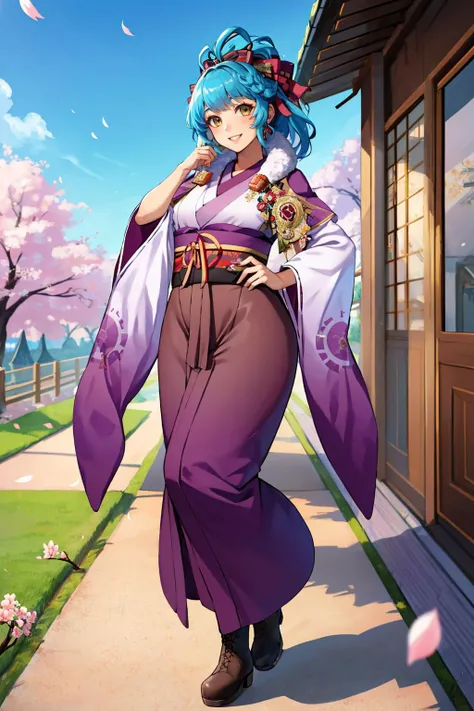 masterpiece, best quality, reginn, hair bow, purple kimono, wide sleeves, fur trim, boots, blue sky, cherry blossoms, looking at viewer, smile, standing, contrapposto, japanese architecture, pagoda <lyco:reginn-nvwls-v1-000010:0.9>