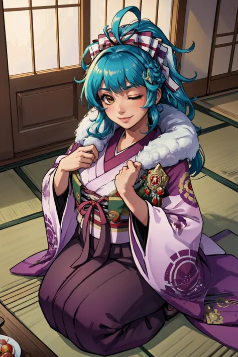 masterpiece, best quality, reginn, hair bow, purple kimono, wide sleeves, fur trim, seiza, looking at viewer, from above, smile, japanese architecture, indoors, japanese house, one eye closed, one eye open <lyco:reginn-nvwls-v1-000010:0.9>