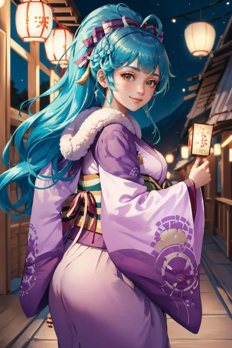 masterpiece, best quality, reginn, hair bow, purple kimono, wide sleeves, fur trim, cowboy shot, looking at viewer, paper lanterns, night, smile, from side <lyco:reginn-nvwls-v1-000010:0.9>