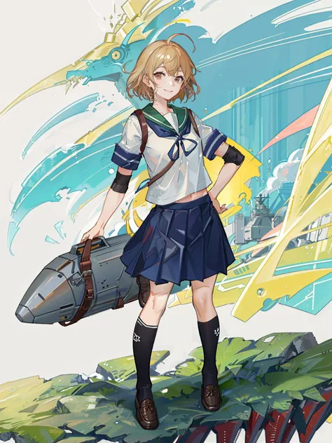 oboro \(kancolle\), 1girl, school uniform, skirt, serafuku, solo, full body, elbow pads, blue skirt, pleated skirt, simple background, loafers, shoes, sailor collar, socks, kneehighs, knee pads, standing, hand on hip, ahoge, looking at viewer, smile, blue sailor collar, white background, brown footwear, black socks, original, intricate detail, illustration, masterpiece, extremely detailed CG unity 8k wallpaper, highlight, sharpening, dynamic,  <lora:Oboro:0.5>