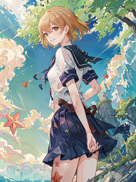 oboro \(kancolle\), 1girl, starfish, solo, school uniform, serafuku, skirt, v, crab, day, cloud, sky, smile, pleated skirt, looking at viewer, from below, blush, arm behind back, blue skirt, breasts, blue sky, lens flare, short sleeves, cowboy shot, outdoors, medium breasts, original, intricate detail, illustration, masterpiece, extremely detailed CG unity 8k wallpaper, highlight, sharpening, dynamic, <lora:Oboro:0.5>