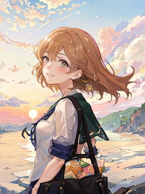 oboro \(kancolle\), 1girl, solo, school uniform, serafuku, upper body, sailor collar, sunset, blue sailor collar, blush, v, looking at viewer, smile, bag, orange sky, green eyes, light brown hair, original, intricate detail, illustration, masterpiece, extremely detailed CG unity 8k wallpaper, highlight, sharpening, dynamic, <lora:Oboro:0.5>
