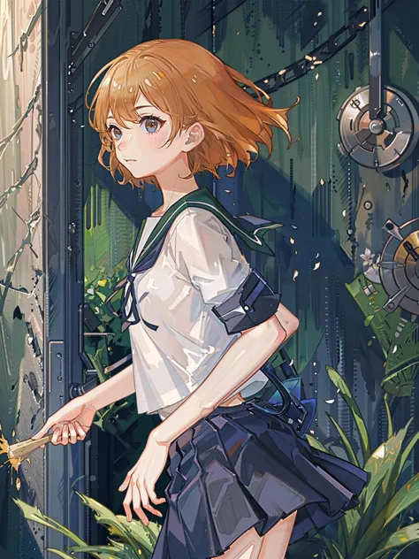 oboro \(kancolle\), 1girl, solo, serafuku, school uniform, skirt, blue skirt, sailor collar, pleated skirt, blue sailor collar, cowboy shot, closed mouth, short sleeves, spring onion, upper body, looking to the side, original, intricate detail, illustration, masterpiece, extremely detailed CG unity 8k wallpaper, highlight, sharpening, dynamic, <lora:Oboro:0.5>