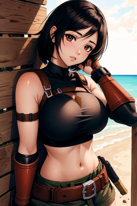 Busty, Yuffie, Black Hair, Brown eyes, Armguard, <lora:fCYuffie-v1.1:1>