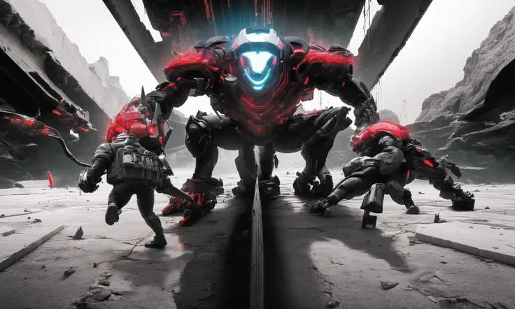 (ultra detailed of nightmarish scene in wide shot and high contrast style), cyberpunk, cyborg, black and white with little bit of red, (Selective color:1.4), (ultra complex background:1.2), Stark, intense, light and shadow, (wide shot), Graphic novel-inspired BREAK
illustration, ((masterpiece:1.2, best quality)), 4k, ultra detailed, highly detailed, dynamic composition, strong composition, detailed lighting, dramatic lighting, minimalist, (photorealistic:1.2)