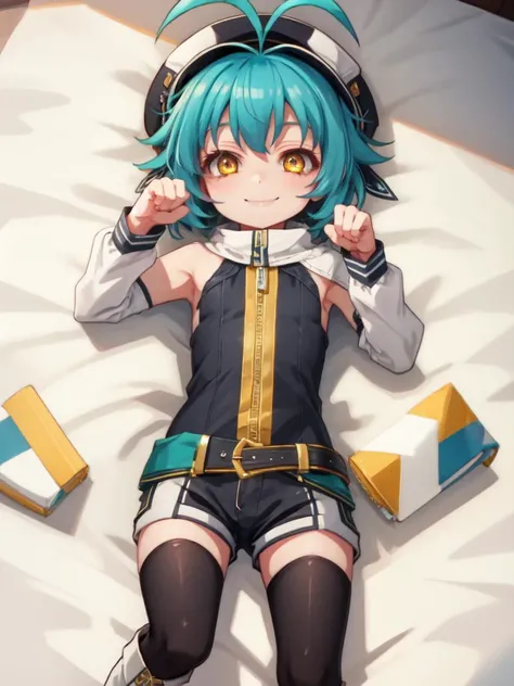 ((1girl, solo)), masterpiece, best quality, hires, high quality,
by professional artist, ultra detailed, extremely detailed,
absurdres, incredibly resolution:1.2,
super fine illustration, an extremely cute and beautiful girl,
beautifuly detailed eye,
BREAK
look at viewer, flushed face, ecstatic, smile
paw pose, spread legs, lying, on back <lora:pet_play_v2-000008:0.7>
on bed, spread legs,
BREAK
<lora:Millium-10:0.9>, Millium Orion, blue hair, short hair, antenna hair, ahoge, yellow eyes, flat chest,
black hat, headwear, black and yellow vest, white shoulder armor, zipper, white shorts, (black thighhighs, green belt, white boots)