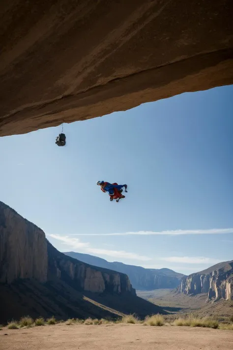A camera riding on superman in a plain, realistic photograph, 4k hd.
