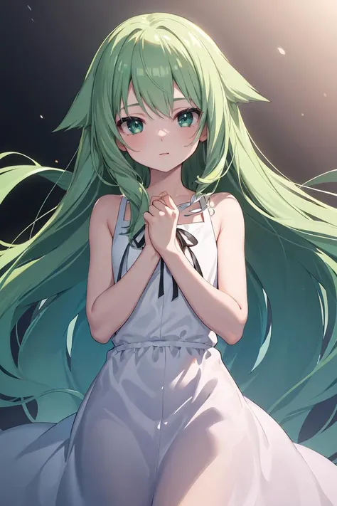 masterpiece, best quality, ultra-detailed, glistening shiny, glowing light, ray tracing, HDR, deph of field, (perfect face, detailed face), <lora:SayaVN:0.7>, sayavn, green hair, long hair, hair flaps, flat chest, sundress, black ribbon, standing, indoors