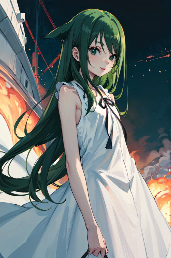 <lora:SayaVN:1> sayavn, green eyes, green hair, very long hair, hair flaps, flat chest, sundress, black ribbon, smile, <lora:ponsuke:1>, absurdres, ultra detailed, masterpiece, best quality, aesthetic, detailed,
