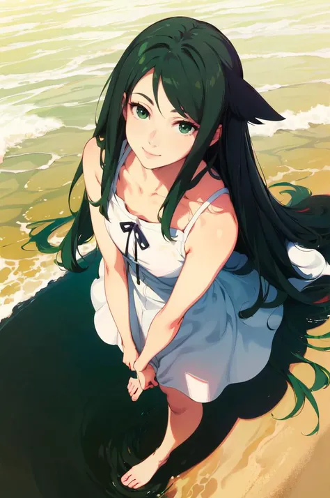 <lora:SayaVN:1> sayavn, green eyes, green hair, very long hair, hair flaps, flat chest, sundress, black ribbon, smile, <lora:Feguimel [MockAi - v1.0]:0.8> feguimel, soft shading, realistic proportions, full body, from above,, absurdres, ultra detailed, masterpiece, best quality, aesthetic, detailed,