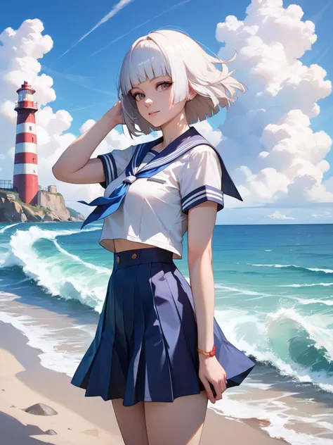 score_9,score_8_up,score_7_up,
1woman,solo,best quality,highres,masterpiece,short hair,hime cut,white hair,
facing viewer,looking at viewer,cowboy shot,
sailor dress,
outdoors,seaside,cloud,foaming waves,lighthouse,