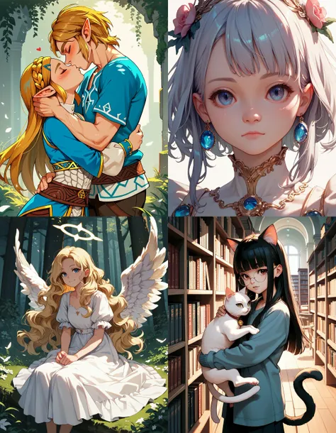 https://civitai.com/articles/5300 ___ All images: score_9, score_8_up, score_7_up ___ 1st image: 1girl, 1boy, Princess_Zelda, \(The_Legend_of_Zelda:_Breath_of_the_Wild\), standing, kiss, hug, closed_eyes ___ 2nd image: 1girl, lovely face, portrait, close-up, looking_at_viewer, closed_mouth ___ 3rd image: 1girl, solo, blonde_hair, wavy_hair, angel, angel_wings, halo, smile, sitting, forest, white_dress ___ 4th Image: 1girl, solo, long_hair, black_hair, blunt_bangs, straight_hair, round_eyewear, cat_girl, cat_ears, cat_tail, standing, hug cat, looking_at_viewer, library