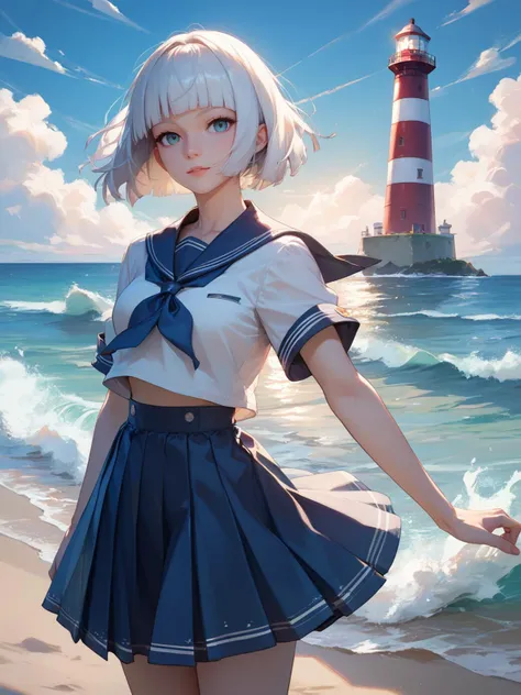 score_9,score_8_up,score_7_up,
1girl,solo,best quality,highres,masterpiece,
short hair,hime cut,white hair,
facing viewer,looking at viewer,cowboy shot,
sailor dress,
outdoors,seaside,cloud,foaming waves,lighthouse,