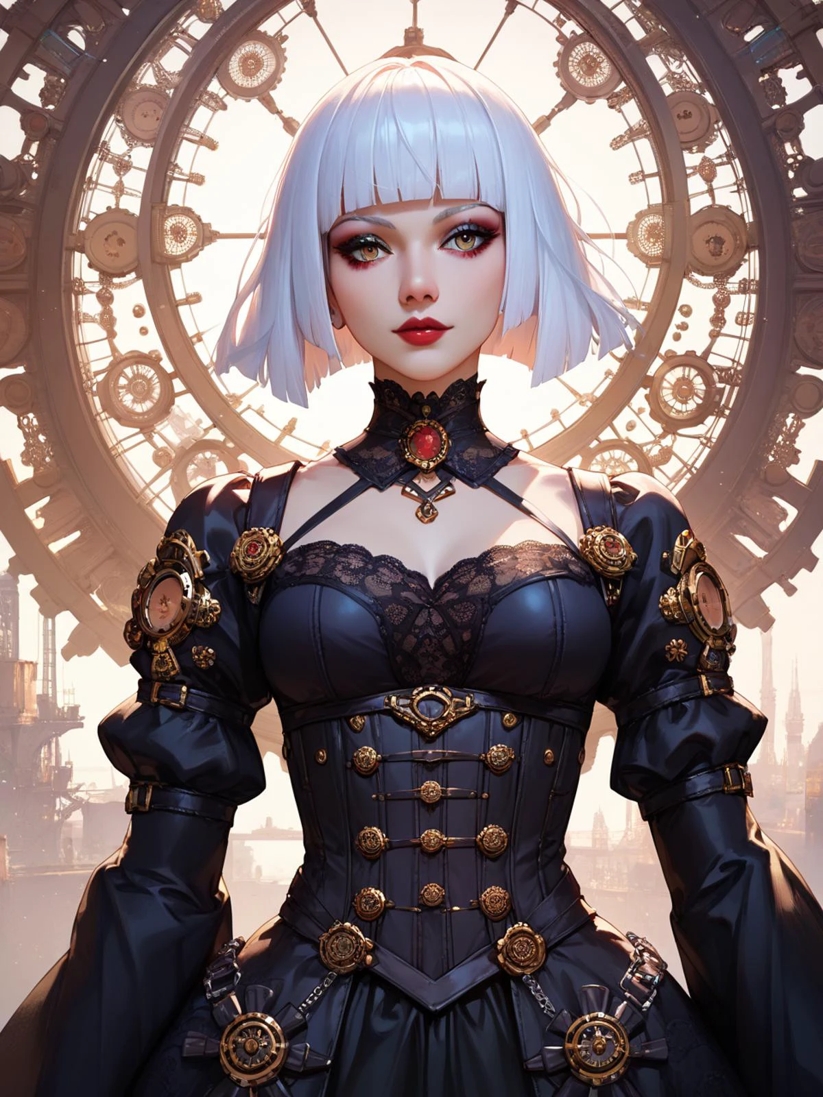 score_9,score_8_up,score_7_up,
1girl,solo,cowboy shot,white hair,
A beautiful portrait of a gorgeous woman,gothic,bohemian,sci-fi,steampunk,futuristic,short hair,hime cut,