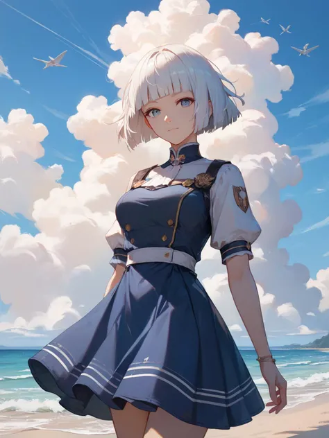 score_9,score_8_up,score_7_up,
1girl,solo,best quality,highres,masterpiece,
short hair,hime cut,white hair,
facing viewer,looking at viewer,cowboy shot,
white navy captain's dress,
outdoors,seaside,cloud,foaming waves,warships,