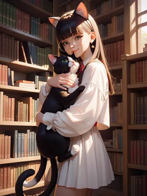 score_9,score_8_up,score_7_up,best quality,highres,masterpiece,
1girl,solo,long_hair,black_hair,blunt_bangs,straight_hair,round_eyewear,cat_girl,cat_ears,cat_tail,standing,hug cat,looking_at_viewer,library,