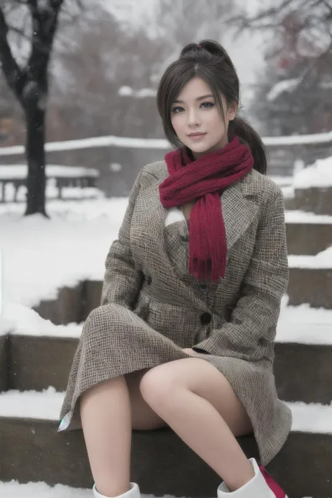 (Best quality, 8k, 32k, Masterpiece, UHD:1.2),Photo of Pretty  woman, stunning, 1girl, (medium dark brown ponytail), double eyelid, natural medium-large breasts,  spread legs, slender legs, tall body, soft curves, skin pores, white coat, knit dress shirt, checkered skirt, red scarf, snow heeled boot, sitting on stairs on shrine, snowy shrine, heavy snow on shrine, fashion model posing, unforgettable beauty, look at viewer, sexy smile, closed to up, lifelike rendering, detailed facial features, detailed real skin texture, detailed details