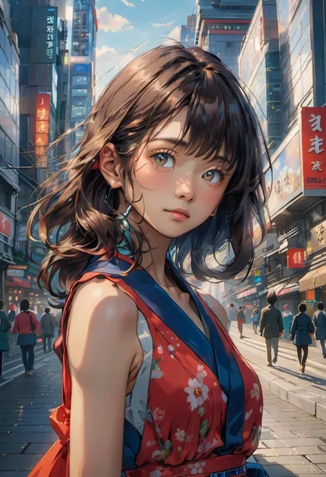 japanese girl, ,
low angle shot ,
looking at viewer ,
brave, long hair,
girl wearing evening dress, future city store ,
<lora:futureistic_fantasy_anime_sdxl_v1:0.8>