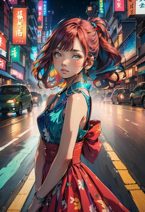 japanese girl, ,
low angle shot ,
looking at viewer ,
brave, long colorful hair,
girl wearing fantasy evening dress, hip hop road at night,
<lora:futureistic_fantasy_anime_sdxl_v1:0.8>