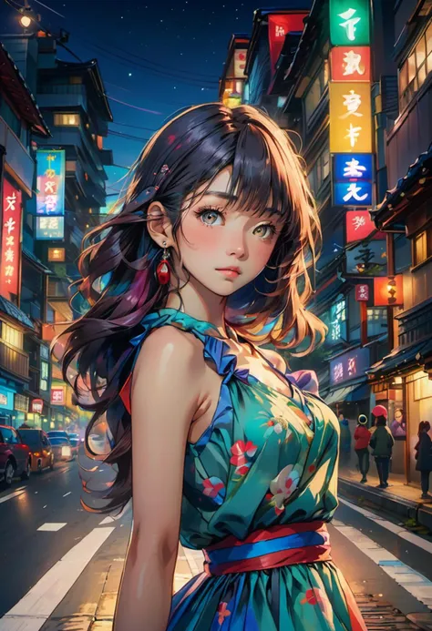 japanese girl, ,
low angle shot ,
looking at viewer ,
brave, long colorful hair,
girl wearing fantasy evening dress, hip hop road at night,
<lora:futureistic_fantasy_anime_sdxl_v1:0.8>