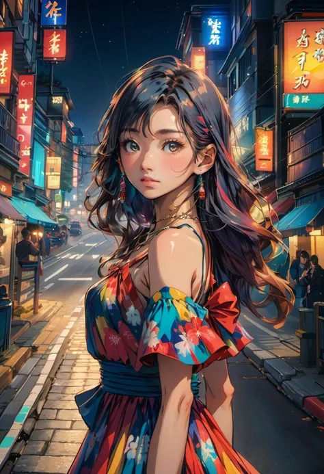 japanese girl, ,
low angle shot ,
looking at viewer ,
brave, long colorful hair,
girl wearing fantasy evening dress, hip hop road at night,
<lora:futureistic_fantasy_anime_sdxl_v1:0.8>