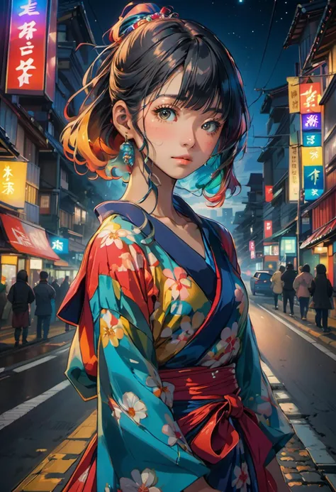 japanese girl, ,
low angle shot ,
looking at viewer ,
brave, long colorful hair,
girl wearing fantasy evening dress, hip hop road at night,
<lora:futureistic_fantasy_anime_sdxl_v1:0.8>
