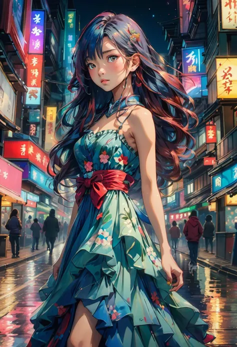 japanese girl, ,
low angle shot ,
looking at viewer ,
brave, long colorful hair,
girl wearing fantasy evening dress, hip hop road at night,
<lora:futureistic_fantasy_anime_sdxl_v1:0.8>