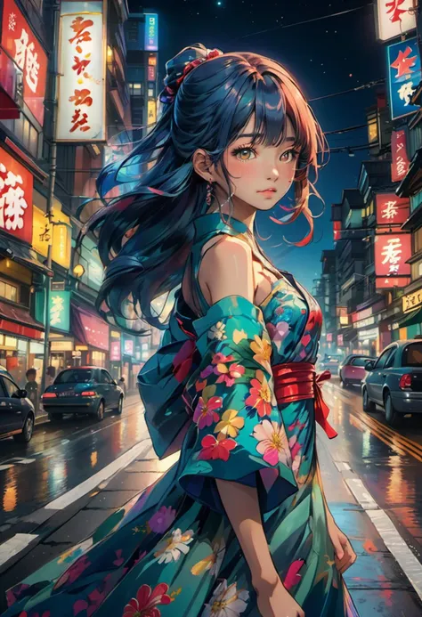 japanese girl, ,
low angle shot ,
looking at viewer ,
brave, long colorful hair,
girl wearing fantasy evening dress, hip hop road at night,
<lora:futureistic_fantasy_anime_sdxl_v1:0.8>
