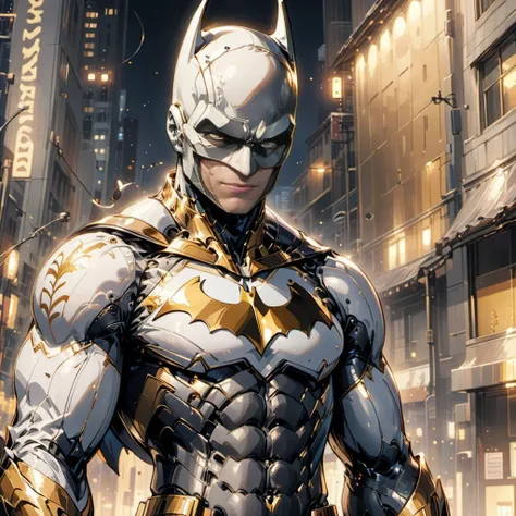 anime screencap in mnst artstyle of a son batman, (suit full white and gold), hd, 4k, high-quality < <lora:futureistic_fantasy_anime_sdxl_v1:1> futuristic-fantasy-anime