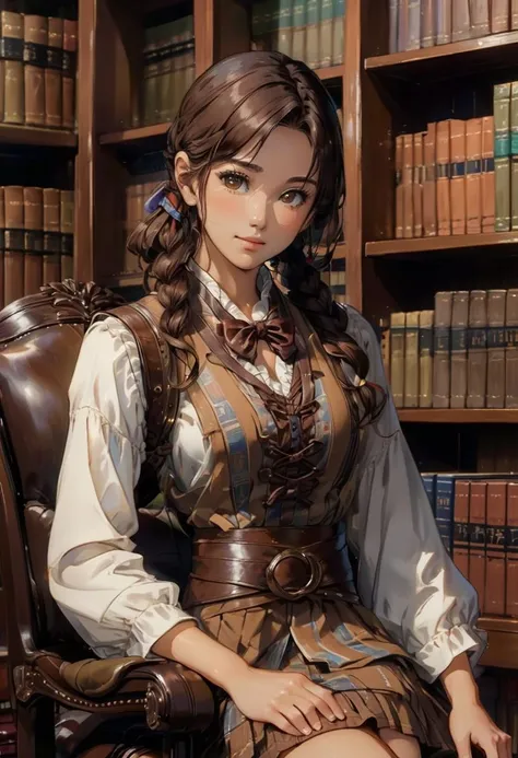 japanese girl, 14 yo,
cowboy shot,
looking away,
Smirk ,
medium breast, cleavage,
Mahogany brown hair
Loop braid with a high volume,
girl wearing
Tunic with leggings and knee-high boots,
Classic library with antique books and leather armchairs,
,
,
<lora:futureistic_fantasy_anime_sdxl_v1:0.8>