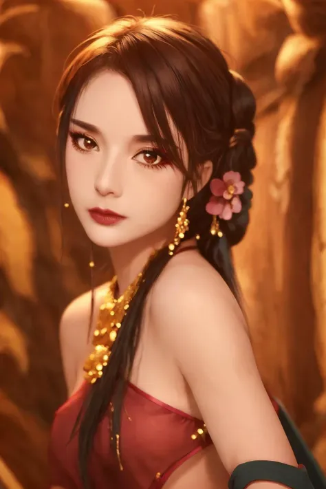 1girl, solo, looking at viewer, lipstick,  <lora:lbc_yuyi_dudou:0.6>,  bamboo, golden color, warm color, masterpiece,best quality,extremely detailed,fine details,official art,unity 8k wallpaper,4K,8K,UHD, (upper body:1.5), antiBlur,photography, abstract background, <lora:louise_brooks_lora:1>, <lora:A Will Eternal SongJunWan_20230606163903:1>