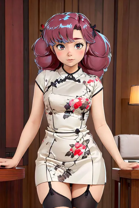 nsfw,best quality, masterpiece, perfect sharp, 1girl\(dress, medium_breasts,floral print, (high stockings)\),<lora:Sexy_strappy_cheongsam:0.75>,<lora:ranFromUruseiYatsura_v10:0.7>,UruRan