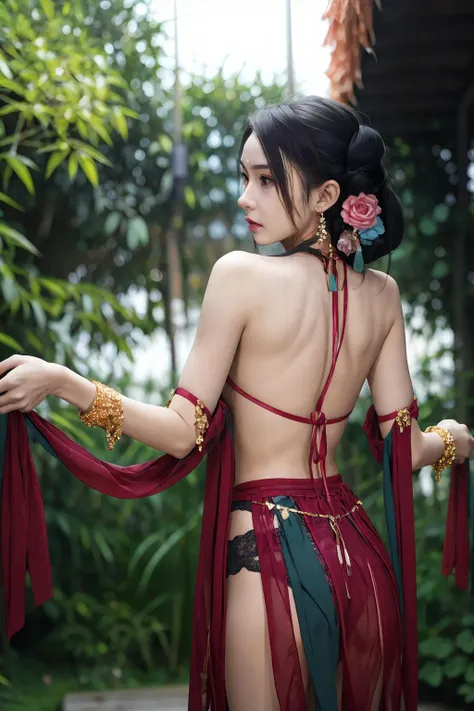 (masterpiece:1.2),highres,1girl,solo,black hair,hair ornament,bare shoulders,jewelry,panties,flower,earrings,from behind,blurry,bracelet,lips,blurry background,back,realistic,
<lora:lbc_yuyi_dudou:0.6>,((rose)),(vine),cage,bandage,red rope,(detail light),falling rose petals,