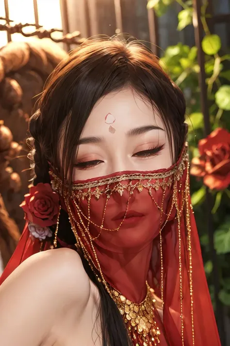 highres,1girl,solo,looking at viewer,brown hair,bare shoulders,jewelry,necklace,blurry,facial mark,blurry background,realistic,half-closed eyes,portrait,forehead mark,veil,<lora:lbc_yuyi_dudou:0.6>,((rose)),(vine),cage,bandage,red rope,(detail light),falling rose petals,