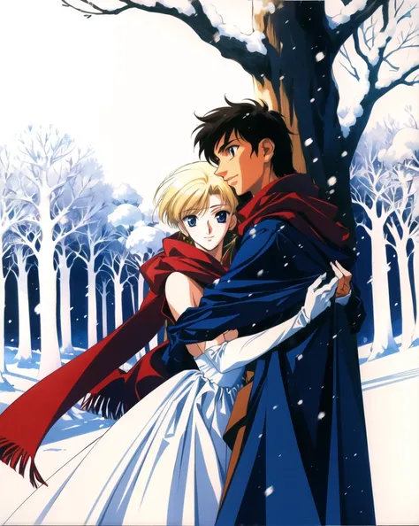 yuuki nobuteru, 1990s \(style\), 1boy, 1girl, blonde hair, cloak, dress, elbow gloves, forest, gloves, hood, hood up, hug, nature, outdoors, red scarf, retro artstyle, scarf, snowing, white dress, ((masterpiece)) <lora:yuuki_nobuteru_offset:1>