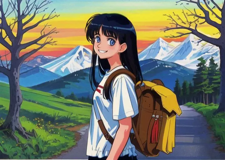 <lora:yuukiNobuteru1990_offset:1> yuuki nobuteru 1990s \(style\) a girl standing on a road with a backpack on her back and a mountain in the background with trees, american barbizon school, full round face, Elinor Proby Adams, a character portrait grin wide_shot smile teeth solo 1girl tshirt